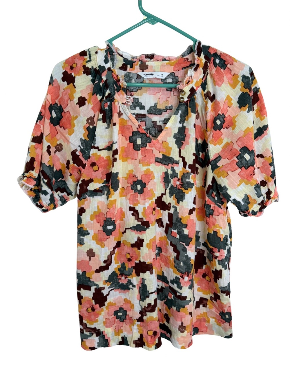 3/$20 Sonoma Coral Floral V-Neck Puff Sleeve Blouse Size Medium